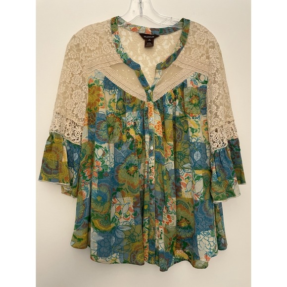 Multiples Peasant Blouse‎ Women's Lace Cut Out Boho Top Multicolor Size Medium - Picture 2 of 11